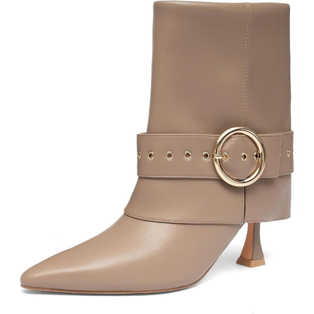 Women's Apricot Pointed Toe Ankle High Heel Short Booties With Gold Buckle Strap